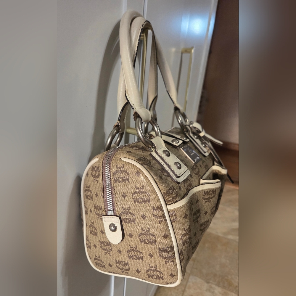 MCM Brown Monogram Satchel with Cream Trim - Picture 4 of 15